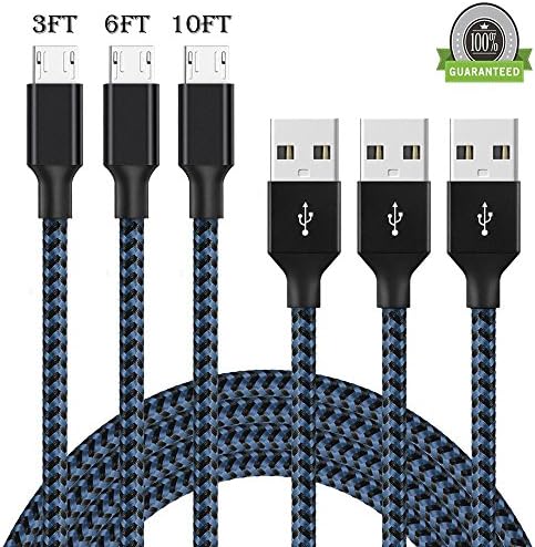 Micro USB Cable，KinPond[3 Pack][3/6/10FT] Nylon Braided Durable High Speed 2.0 USB Charging Cable with Aluminum Heads for Samsung Galaxy, HTC, Motorola, Nokia, LG, Android (Black+Blue-3&amp;6&amp;9ft)
