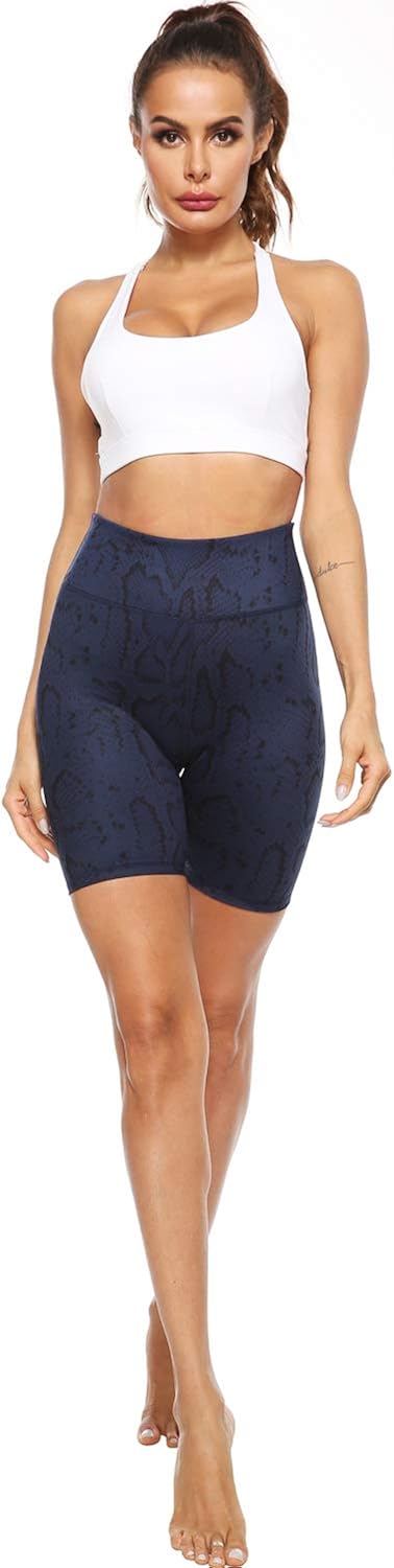 Persit Women's High Waist Print Workout Yoga Shorts with 2 Hidden Pockets, Non See-Through Tummy Control Athletic Shorts: Clothing