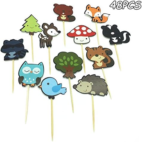 Woodland Animal Small Cupcake Toppers Picks Jungle Forest Zoo Theme Happy Birthday Party Baby Shower Cake Topper Owl Fox Bird Hedgehog Tree Mushroom Decorations for Kids Adults 48 Pieces