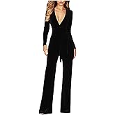 HGps8w Women Sexy V Neck Velvet Jumpsuits Long Sleeve Dressy Belted Romper Wide Leg Pants Onesie One Piece Elegant Pantsuits
