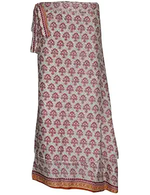 Women's Wrap Skirt Beige Printed PREMIUM Silk Sari Vintage Boho Beach Dress