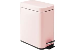 mDesign Small Modern 1.3 Gallon Rectangle Metal Lidded Step Trash Can, Compact Garbage Bin with Removable Liner Bucket and Handle for Bathroom, Kitchen, Craft Room, Office, Garage - Light Pink