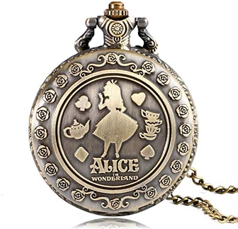 Baoleiju Reto Glass Alice in Wonderland Alice Pattern Pocket Watch Pendant Necklace,Alice in Wonderland Necklace for Boys, Girls (Bronze)