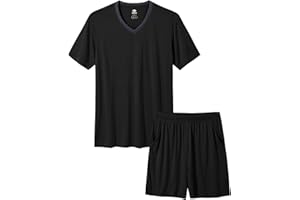 MoFiz Mens Pajama Set Summer Pjs Sleepwear Nightwear Lightweight Quick Dry Soft Short Sleeve V-Neck Pjs Sleep Set With Pocket