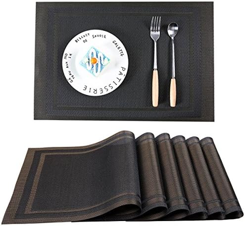 Azorcol PVC Place Mats,Heat-resistant Placemats Stain Resistant Anti-skid Washable PVC Table Mats Woven Vinyl Placemats for Dining Table, Set of 6 (Black)