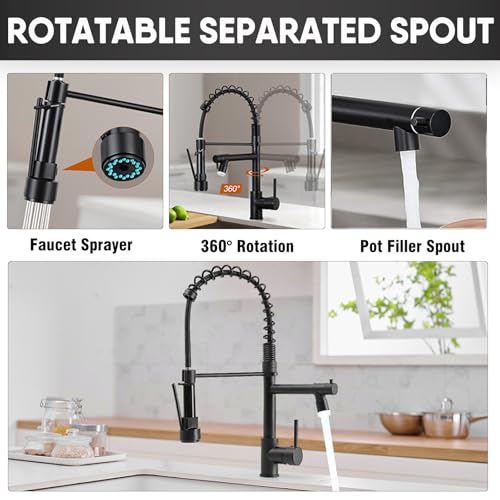 GIFTQOOL Spring Kitchen Faucet with Pull Down Sprayer, Dual Function Pot Filler Faucet, High Arc Commercial Kitchen Sink Faucet, Matte Black, Single Handle, 1 Hole Installation