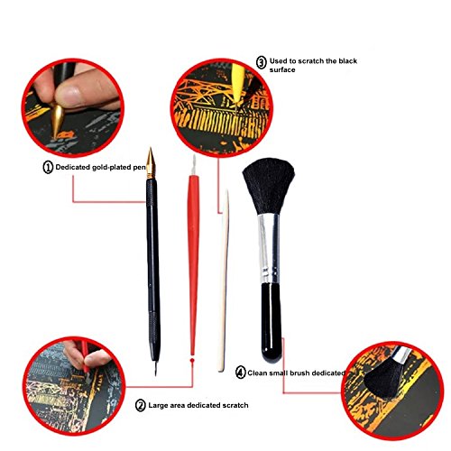 Scratch Tools,Migavenn Scratch Art Design Tools Scratch Arts Set with Stick Scraper Pen Black Brush for Scratch Sketch Art Painting Papers Sheets Painting Drawing Boards 4psc - Thumbnail 3