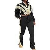 CHEZVOGUE Women's 2 Piece 80s Outfit Color Block Crop Top Sweatshirt Pants Set Long Sleeve Windbreaker Jacket Tracksuit Set