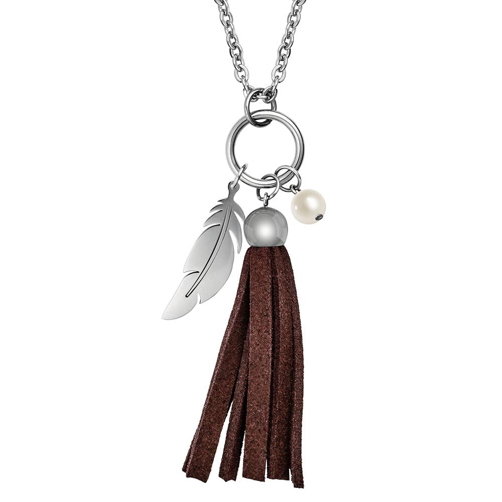 Tamaris Bella TJ005 Women's Necklace with Pendant Shell Pearl / Feather / Leather Tassel Stainless Steel