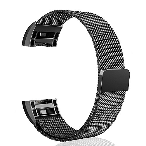 For Fitbit Charge 2 Bands, Metal Stainless Steel Magnetic Milanese Flex Replacement Sport Watch Band, Woven Mesh Waterproof Breathable Wristband Bracelet Fits Women Men Kids Boys Girls Black Small