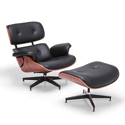 Modern Lounge Chair with Ottoman, High-Grade Leather, Chrome Base