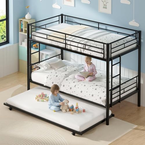 VirtuSync 200 x 105 cm Litera Individual con Cama Nido, Cama Triple para Adolescentes, Estructura Metálica Fuerte con Barandal Alto