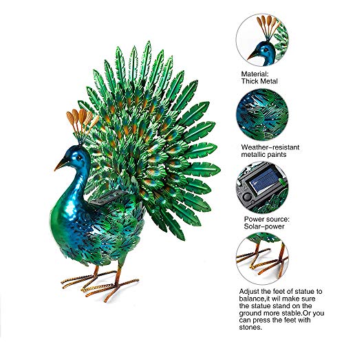 Chisheen Solar Peacock Statue Metal Yart Art with Solar Light Outdoor Garden Statues and Sculpture