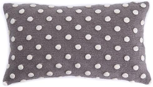 Homier Grey Polka Dot Woolen Pom Decorative Pillow Cover Throw Cushion Case for Sofa Couch - Gray/Slate/Metal Wool-Felt Fabric with White/Snow Accent Pom-Pom Dots - Rectangular, 12 x 20 Inches