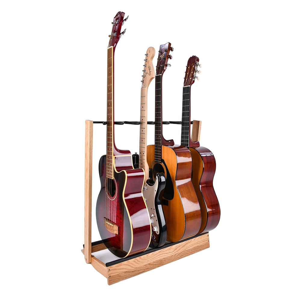 Saintfield Studios Wood Multi-Guitar Stand Holder – Solid Oak Storage Rack for Acoustic & Electric Guitars – Holds Up to 6 Guitars – Includes String Cleaning Tool