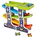 Wooden 4 Lanes Ramp Race Track Tower Games with 4 Mini Racing Cars Toy Set for Kids Toddlers