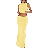 Skirt Sets Women 2 Piece Outfits - Sexy Two Pc Sleeveless Tank Crop Top Fold Over Maxi Long Skirts