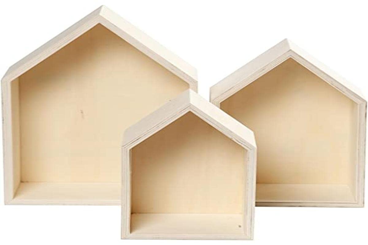 Creativ 100263 Set of 3 Wooden Box House Shaped Shelf Box, Wooden wall art – B-Stock., Beige