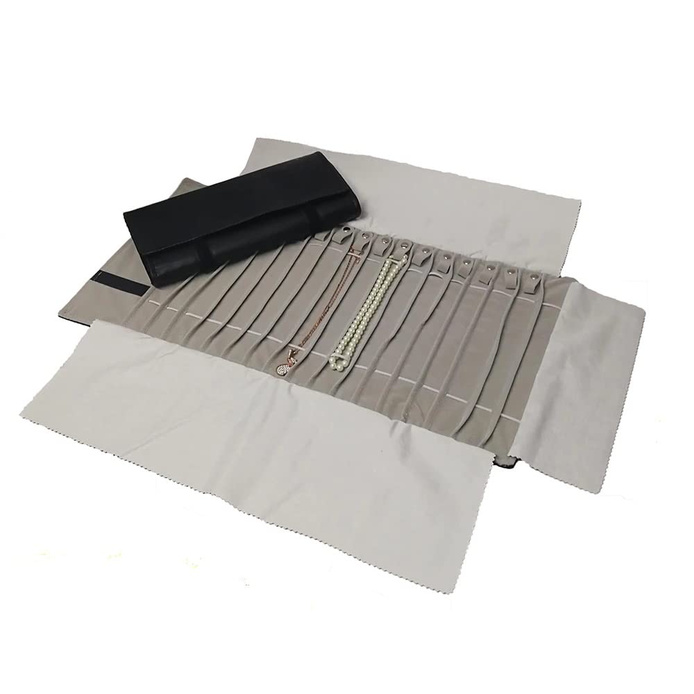 Photo 1 of SCIKHEFT Portable Jewelry Roll Untangled Secure Necklace Travel Storage Bag Displays Holder 16 Chain (Black PU and gray velvet)