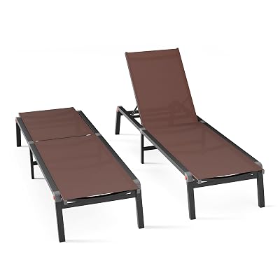 Aluminum Chaise Foldable Patio Lounge Chair Outdoor, Metal Deck Lounger Adjustable 5-Position Recliner Pool Chase Breathable Full Flat Outside Sun Tanning Chairs for Beach/Poolside/Lawn(Brown, 2 Pack)
