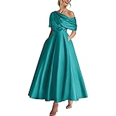 Xuzey Tea Length Satin Mother of The Bride Dresses for Women One Shoulder Formal Evening Gown with Pocket Wedding Guest