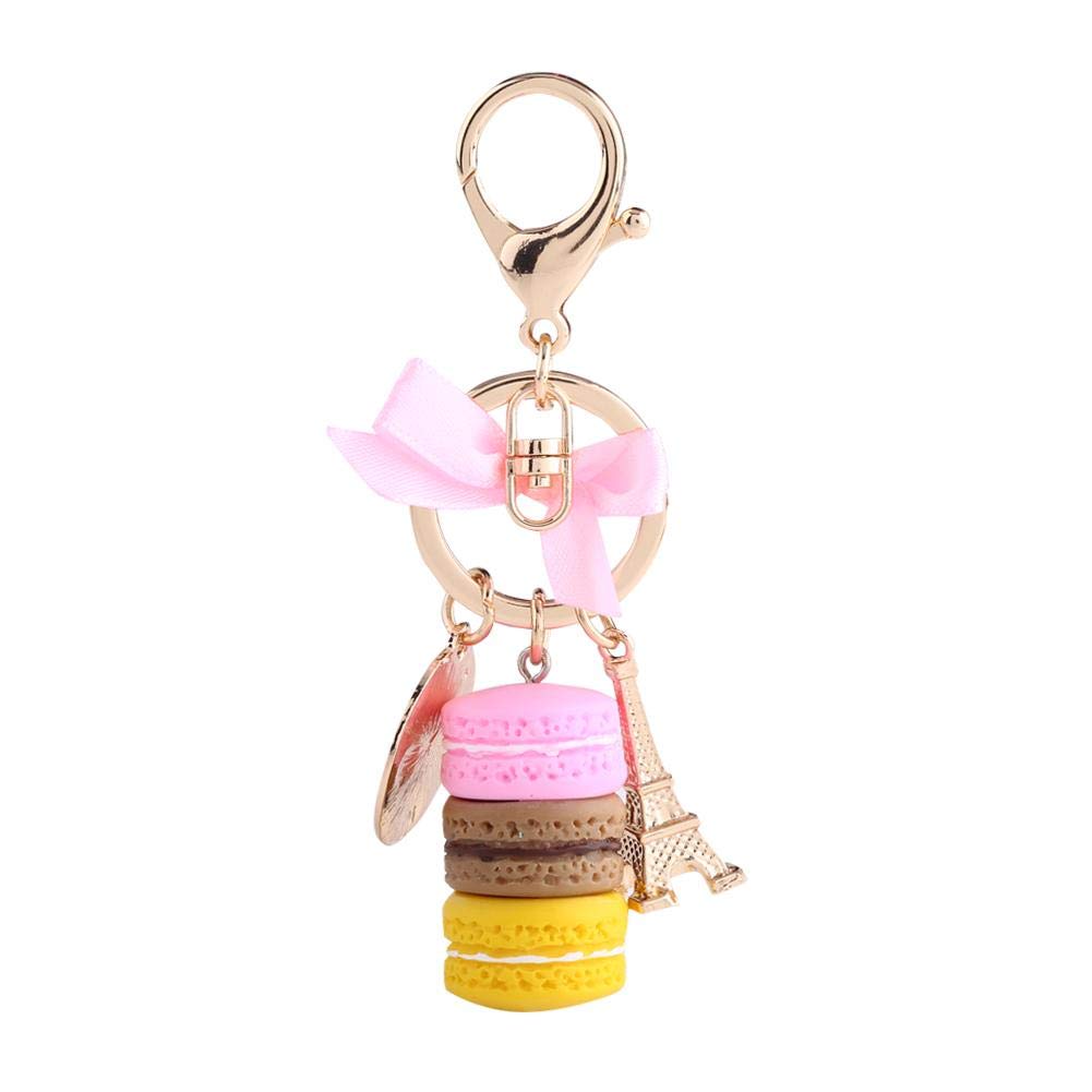 Walfront Colorful Macaroon Keychain Cute Alloy Eiffel Tower Keyring Bag Pendant Car Charm Decoration Purse Handbag Accessories Cake Shaped Key Chain Gift for Women (Pink)