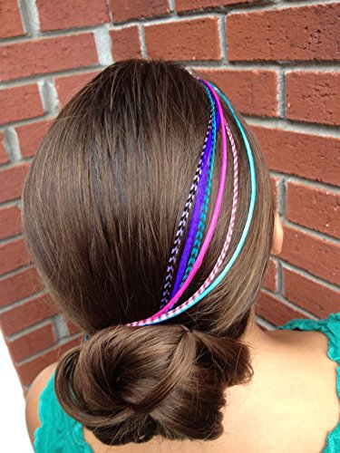 Feather Hair Extensions, 100% Real Rooster Feathers, Long Pink, Purple, Blue Colors, 20 Feathers with Bonus FREE Beads and Loop Tool Kit