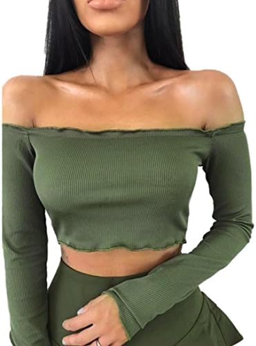 LTUI Women Sexy Soild Off Shoulder Frill Ruffled Basic Solid Long Sleeve Tight Silm Crop Tank Tops,Open Navel (S, Army Green)