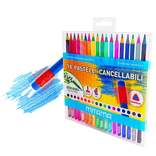MITAMA Crayons effaçables – Lot de 18 crayons – Mina 3.0 mm – Pastels colorés – Couleurs scolaires