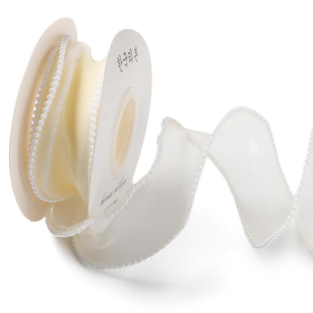 CABODYALS 4.57M 40mm Yellow Sheer Organza Ribbon Faux Pearl Edged Lace Trim Smooth Transparent Mesh Fishtail Yarn Shimmer Ribbons with Spool for Sewing Making Crafts Party Wedding Invitations Decor