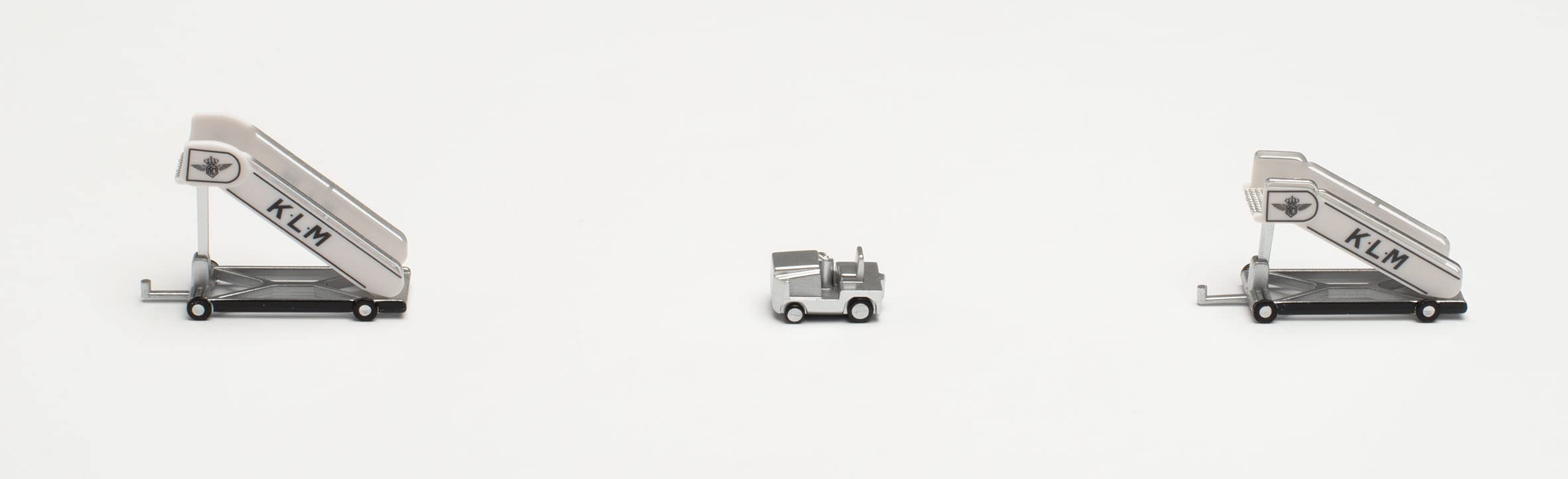 herpa 571883 KLM Historic Passenger Stairs (2) with Tractor (1) Accessories Model Making Miniature Models Collectible Item, Multi-Colour