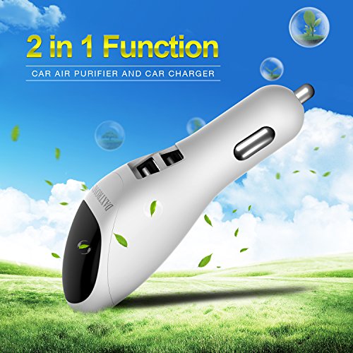 DAXTROMN Car Air Purifier and Car Charger, 2 in 1 Ionic Air Cleaner Ionizer with 2 USB Port Smart Car Charger-Remove odors and Charge devices【24 Months Warranty】 (White)