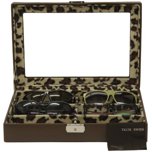 Eyeglasses Sunglasses Storage Organizer Case Leather 6 Slots (Brown/Leopard)