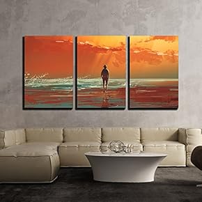 3 Piece Canvas Wall Art - Illustration - Lonely Man Standing on The Sea Under Sunset Sky,Illustration Painting - Modern Home Art Stretched and Framed Ready to Hang - 16"x24"x3 Panels