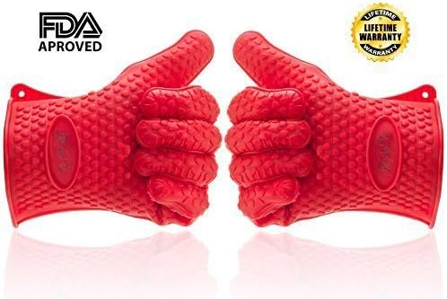 SILICONE COOKING GLOVES - Oven gloves heat resistant,Oven mitts gloves Protection from burns for Cooking, Baking, Smoking &amp; Potholder Orange and Red 1 pair set (Red)