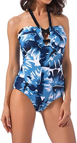 SUBOCA Women One Piece Palm Leaf Print Swimsuit Bathing Suit Slim Fit Halter Padded Monokini Swimwear L