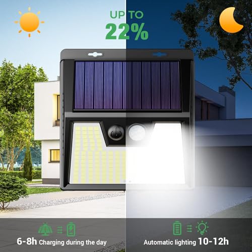 LOTMOS Set of 4 Solar Motion Detector Lights, 176 LED Outdoor Light, IP65 Waterproof Solar Spot Light, 3 Modes Outdoor Lighting, Outdoor Spotlight for Garden Garage, Cool White