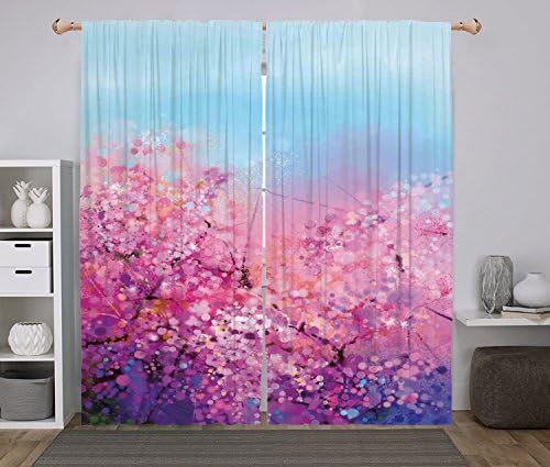 2 Panel Set Window Drapes Kitchen Curtains,Watercolor Flower Home Decor Sakura Blossom Floral Beauty with Sky Japanese Cherry Spring Theme Puple,for Bedroom Living Room Dorm Kitchen Cafe