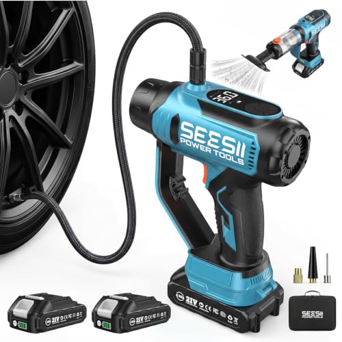 SEESII 2-in-1 Tire Inflator & Car Vacuum with 2×2000mAh Batteries, 150PSI Rapid Portable Air Compressor, 20000Pa Suction, 21V Cordless Air Pump, Digital Gauge, LED Light for Car, Ball, Bike, Home