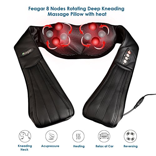 Feagar Shiatsu Neck & Shoulder Massager with Heat - Adjustable Intensity Deep Kneading Heat Therapy Massager with Car Adapter to Relieve Sore Muscles, Back Pain - Perfect for Car, Office Chair