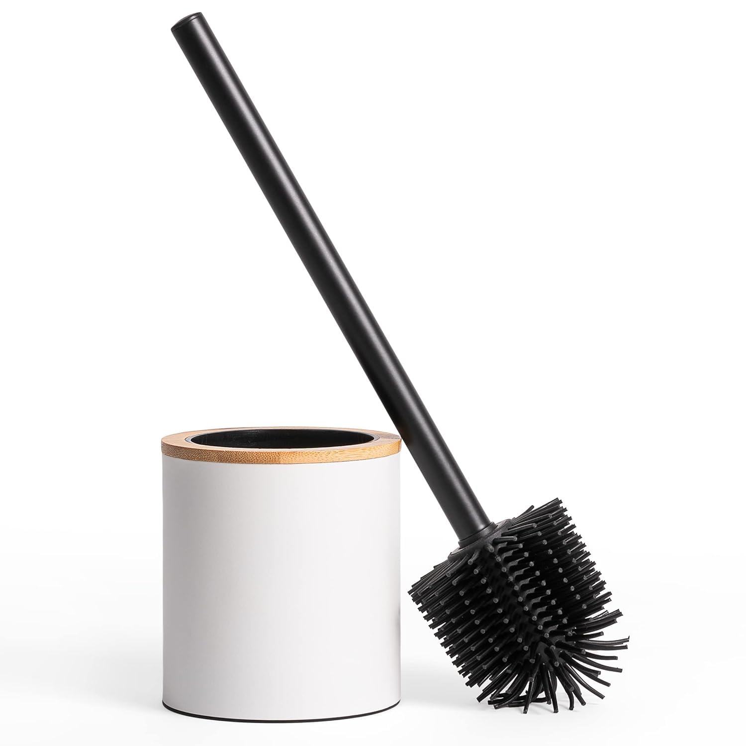 KAZAI.® Silicone Toilet Brush & Holder in Wooden Optic | Stainless Steel Handle with Silicone Head | Metal Stand with Bamboo Accent | Rubber Bathroom Brush for Toilets | White