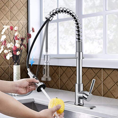 Bokaiya Heavy Duty Brass One-Handle Pre-Rinse Spring Pulldown Kitchen Faucet, Brushed Nickel Kitchen Sink Faucet - Thumbnail 2
