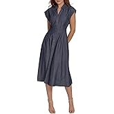 Tommy Hilfiger Womens Cap Sleeve Chambray Fit and Flare Midi Dress