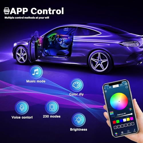 Acrylic Interior Lighting for Car, LED Strip, RGB 18 in 1 with 175 Inch 593 LEDs, Fiber Optic Strip Lights for Car, Dynamic Hunting Music, Sync, Neon Car Ambient Lighting Kits