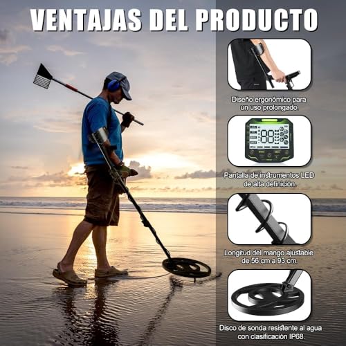 Detectores de Metales, Detector de Metales Profesional para Adultos, Pantalla de Cristal Líquido de Alta Definición, Buscador de Tesoros de Alta Sensibilidad, 5 Modos, Longitud Ajustable (56-93) cm