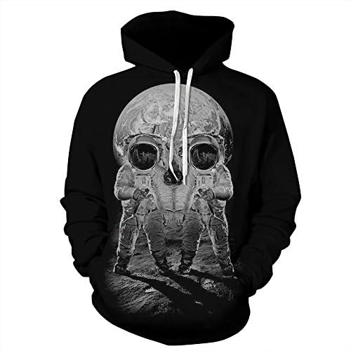 Women's Unisex Space Skull Pullover Drawstring Hoodie Hooded Sweatshirt with Kangaroo Pocket Black