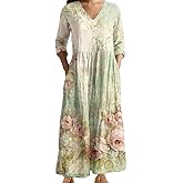Women's Boho Floral Long Sleeve Maxi Dress Fall Casual Loose Bohemia Vacation Long Tshirt Dress with Pockets