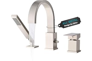 LOCALAND Brass Roman Tub Faucet with Sprayer, Deck Mount Bathtub Faucet with Hand Shower, 3 Hole Waterfall Faucet with 360 Spout, Single Handle Tub Filler with 8 GPM High Flow, Brushed Nickel