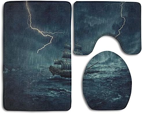 Guiping Stormy Rainy Weather Waves Pirate Vintage Ship Sailing Oil Paint Bathroom Rug Mats Set 3 Piece,Funny Bathroom Rugs Graphic Bathroom Sets,Anti-skid Toilet Mat Set