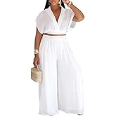 KEYUFANG Women's Summer 2 Piece Outfits Wrap V Neck Crop Top and Wide Leg Pants Sets Casual Vacation Outfits